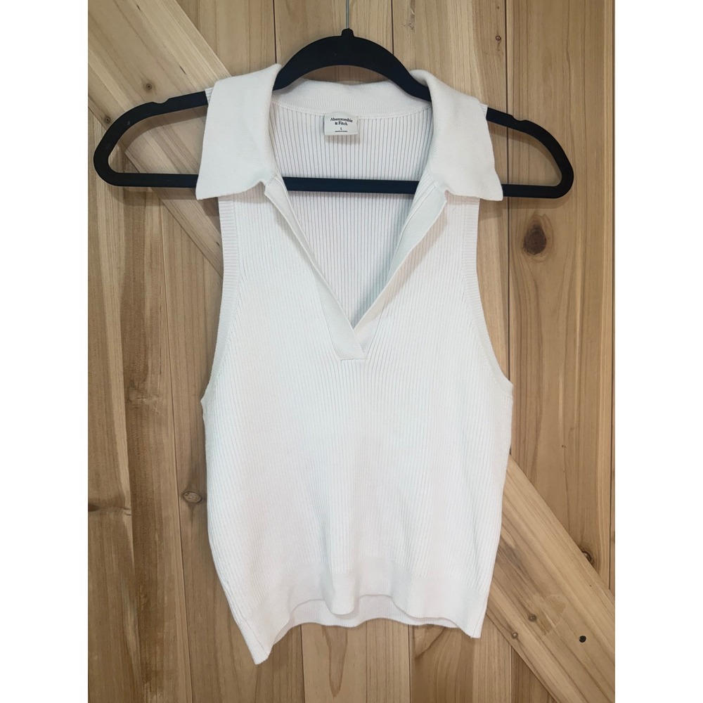 Abercrombie & Fitch White Ribbed Sleeveless Sweater Polo V-Neck Tank Top Large